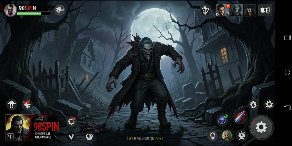Screenshot dari gameplay 98SPIN yang menegangkan dan menyeramkan.
