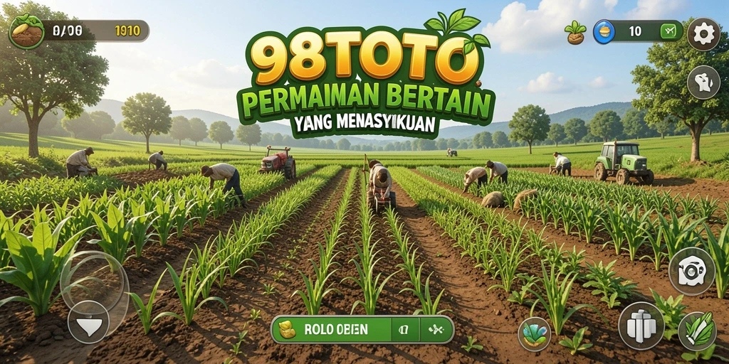 Screenshot gameplay 98TOTO menampilkan kebun yang subur dan tanaman beragam.