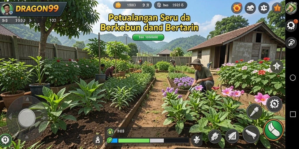 Screenshot DRAGON99 menunjukkan aksi bertani dan memelihara hewan.