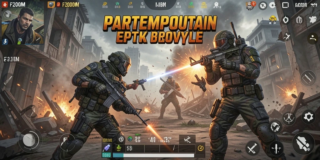 Screenshot utama F200M menampilkan aksi pertempuran intens dalam Battle Royale.