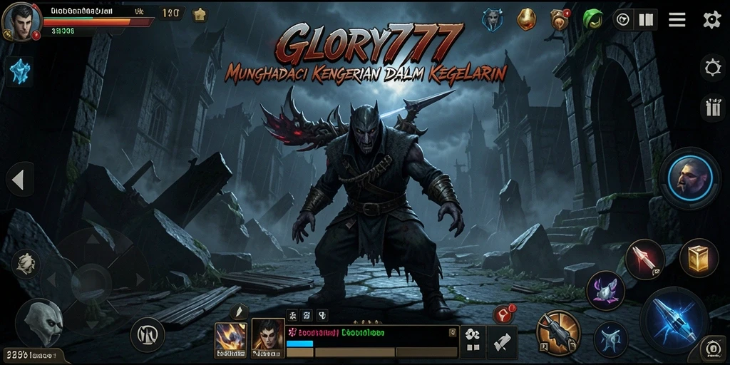 Screenshot utama GLORY777 menampilkan suasana menyeramkan bermain di kegelapan.