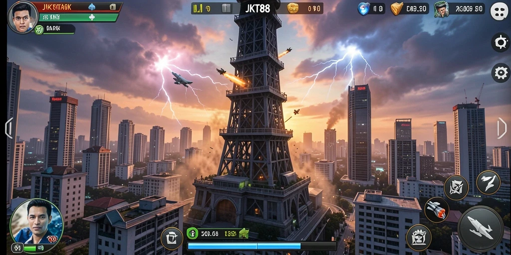 Tampilan utama gameplay Tower Defense JKT88 dengan menara yang siap tempur.