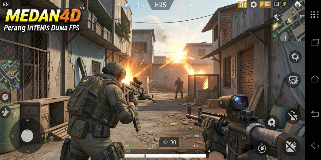 Screenshot MEDAN4D menampilkan aksi pertempuran intens di lingkungan urban.