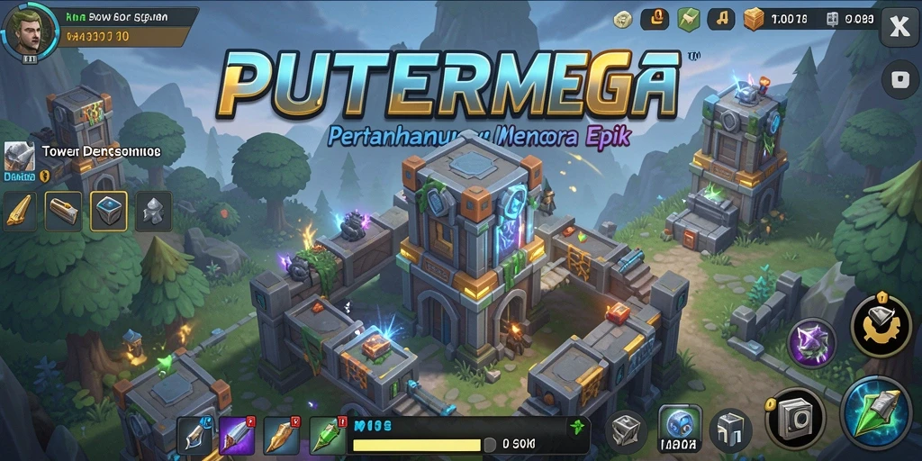 Tampilan gameplay yang menegangkan dalam PUTERMEGA dengan berbagai menara dan strategi.